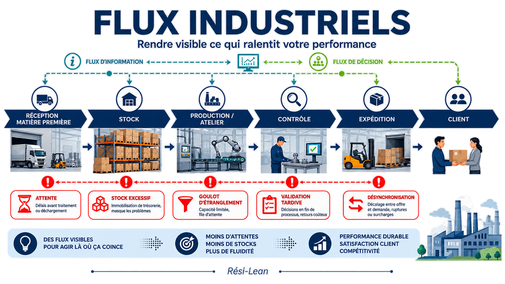 Flux industriels dans une PME industrielle : circulation des matières, informations et décisions pour rendre visibles les stocks, attentes et blocages qui ralentissent la performance terrain.
