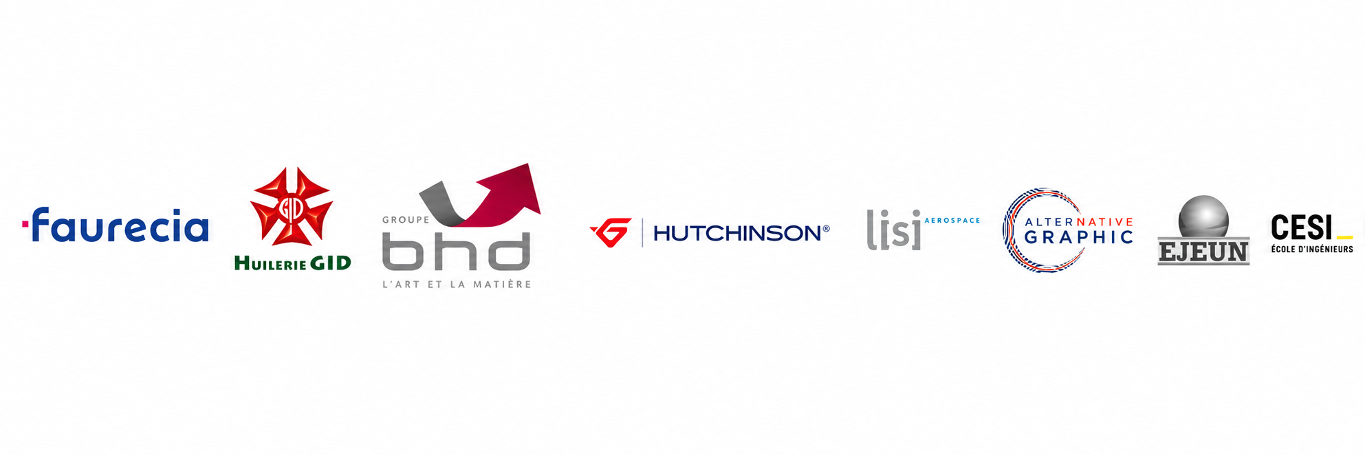 Logos clients et expériences Rési-Lean : Faurecia, Huilerie GID, BHD, Hutchinson, LISI Aerospace, Alternative Graphic, Ejeune, CESI, Monnaie de Paris