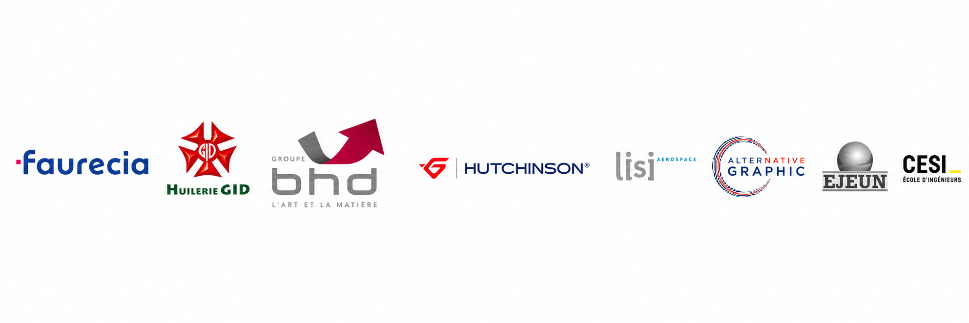 Logos clients et expériences Rési-Lean : Faurecia, Huilerie GID, BHD, Hutchinson, LISI Aerospace, Alternative Graphic, Ejeune, CESI, Monnaie de Paris