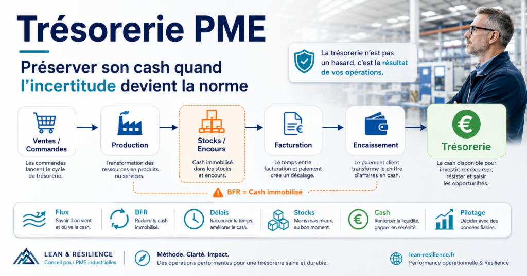Infographie sur la trésorerie PME montrant le cycle entre ventes, production, stocks, facturation, encaissement et cash disponible, avec l’impact du BFR et des flux opérationnels sur la préservation de la trésorerie.