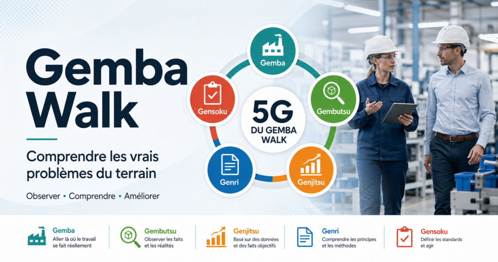 Image illustrant le Gemba Walk et la méthode des 5G dans un environnement industriel, avec les étapes Gemba, Gembutsu, Genjitsu, Genri et Gensoku pour observer, comprendre et améliorer les problèmes du terrain.
