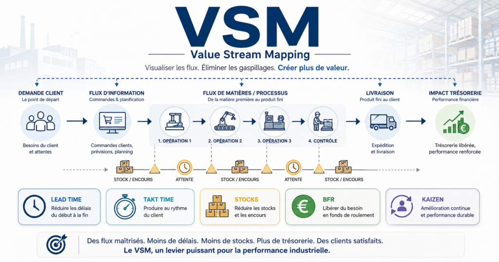 Infographie illustrant la VSM, ou Value Stream Mapping, pour visualiser les flux, réduire le lead time, limiter les stocks, améliorer le BFR et définir des actions Kaizen prioritaires au service de la satisfaction client.