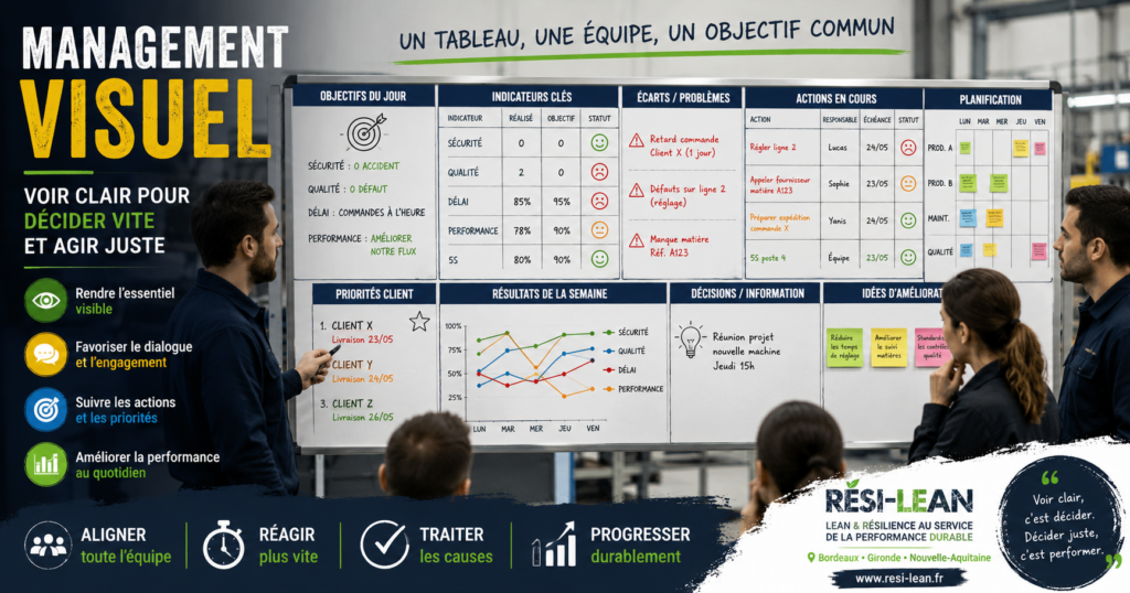 Infographie sur le management visuel en atelier industriel, montrant une équipe autour d’un tableau de pilotage avec objectifs, indicateurs, écarts, actions, responsables et priorités pour décider plus vite et améliorer la performance.